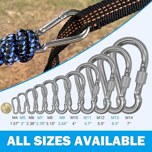 304 Stainless Steel Carabiners -3.54 inch Heavy Duty, Durable & Rust-Free Clips for Gym, Swing, Dog Leashes, Hammocks, Keychains, and More(304,M9 with Screw,Pack of 2)
