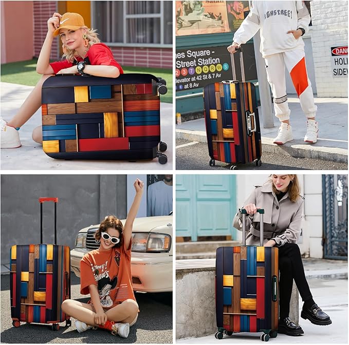 ANNA QUEEN Modern Geometric Wood Luggage Cover, Abstract Panel Suitcase Protector for 24-26 Inch Luggage