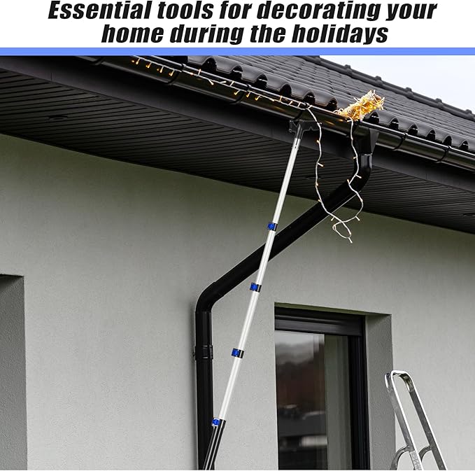 4.3-18ft Telescopic Extension Pole with Utility Hook, Multi-Purpose Aluminum Pole for Painting, Dusting and New Year Window Cleaning Christmas Lights Installation Without a Ladder(Blue)