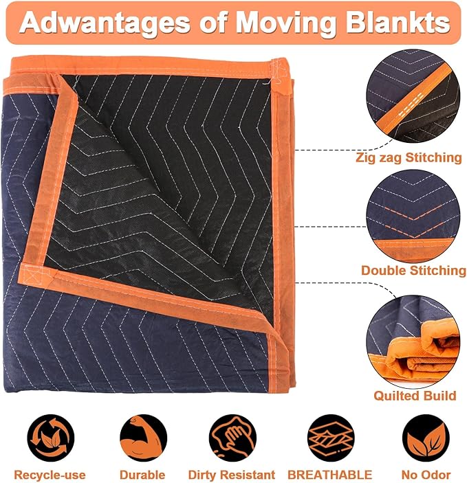 1 Moving Blankets 72x80in with 1 Elastic Rubber Band (196in Extendable to 400in) – Durable Quilted Moving Blanket-Heavy Duty Shipping Blankets (Total Weight 4.4 lbs,Black/Blue)