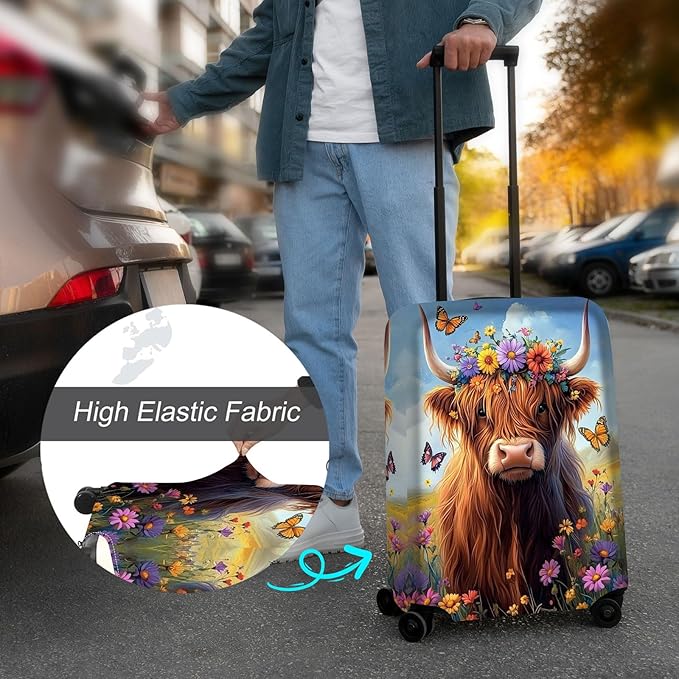 Luggage Cover Protector for 30-32 Inch Suitcases, TSA Approved Elastic Travel Suitcase Covers, Anti-Scratch Washable Luggage Sleeve for Carry On & Checked Bags, Cute Highland Cow