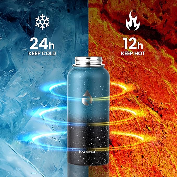 RAYMYLO Insulated Water Bottle 32 oz, Triple Wall Vacuum Stainless Steel (Cold for 24Hrs, Hot for 12Hrs), Leak Proof & Non-BPA, Modern Water Flask Jug with Paracord Handle & Straw Spout Lids
