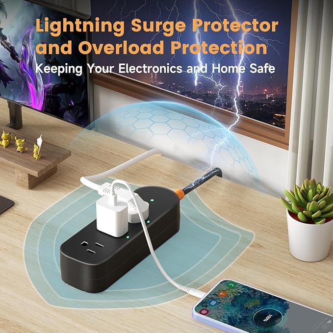 Outdoor Power Strip Weatherproof 6 FT Extension Cord Waterproof Surge Protector Power Strip, 3 AC Outlets, 1625W Overload Protection, for Camping, Home, Office, Garden, FCC UL Listed