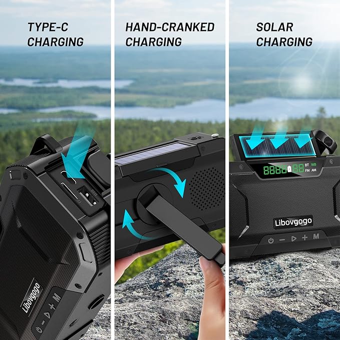 Emergency Radio Waterproof Bluetooth Speaker,Portable AM FM Radio with Flashlight,Reading Lamp,Hand Crank NOAA Weather Radio with Solar Panel,5000mAh/18500mWh Cell Phone Charger,Emergency Survival Kit