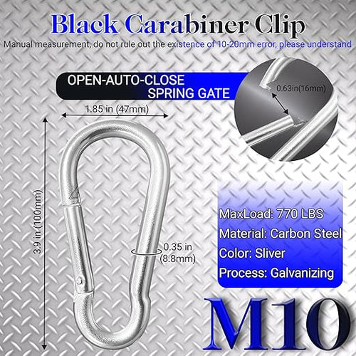 12 Pack 3.9" Heavy Duty Carabiner Clips, M10 Sliver Galvanized Steel Spring Snap Hooks, Rust-Resistant Keychain Clips for Hammock, Camping, Hiking, Fishing, Swing Set