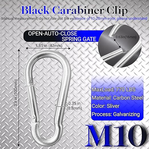 50 Pack 3.9" Heavy Duty Carabiner Clips, M10 Sliver Galvanized Steel Spring Snap Hooks, Rust-Resistant Keychain Clips for Hammock, Camping, Hiking, Fishing, Swing Set