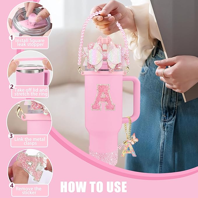 9PCS Pink for Stanley Cup Accessories Set Bling Initials Bow Charms for Stanley Decorations 30/40 Oz Tumbler Accessories Including Bow Straw Topper, Handle Strap, Spill Stopper（Letter G）