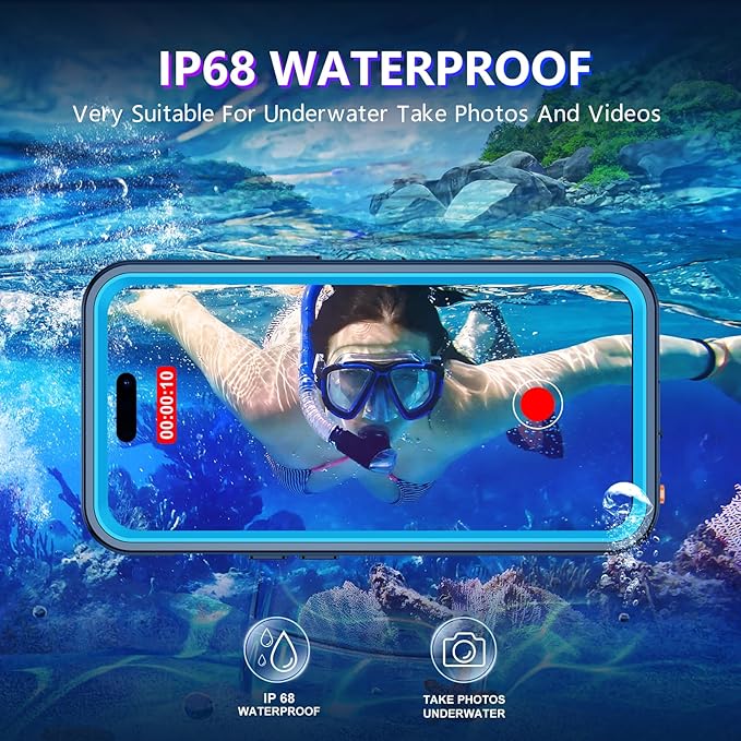 Temdan Compatible with iPhone 14 Pro Max Case Waterproof, Built-in Screen & Camera Protector IP68 Underwater Full Body 14FT Military Dropproof Shockproof Phone Case 6.7"-Blue/Clear