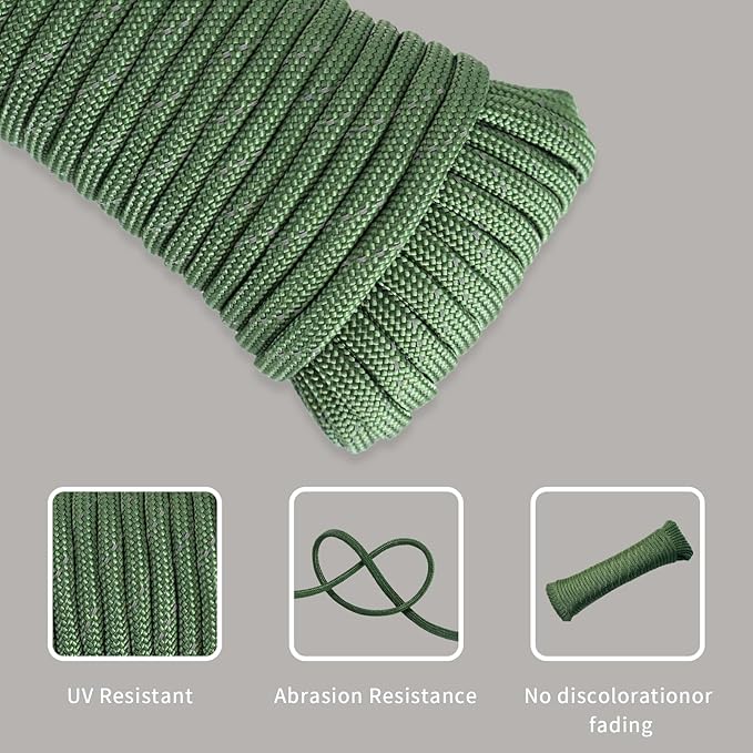 Paracord Rope, Reflective III Parachute Cord 7 Strand Core 550lb, 50ft Army Green - High Visibility Abrasion Resistant Easy to Tie, Multi-Purpose Rope for Camping Survival DIY