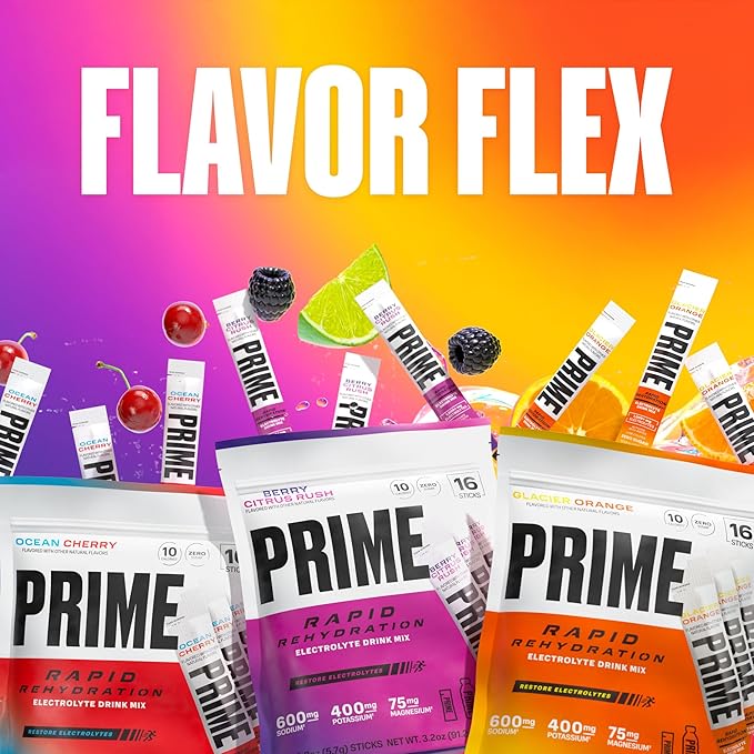 PRIME Rapid Rehydration Electrolyte Powder Sticks, Berry Citrus Rush, Sugar Free Hydration Drink Mix with Sodium, Potassium, Magnesium & B Vitamins to Replenish Fluids, Caffeine Free, 16 Count