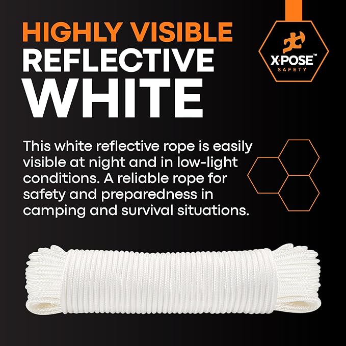 Line Nylon Cord - 100 Ft White Reflective Guyline - Camping Rope, Guy Lines, Tie Down Rope - Tent Accessories & Cordage (Pack of 2)