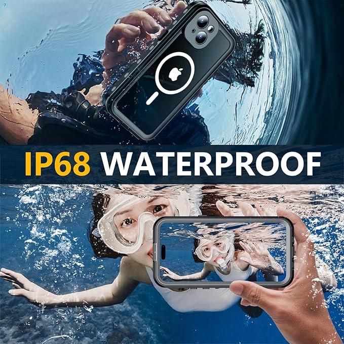 Red2Fire for iPhone 14 Case Waterproof, [Built-in Screen Protector & Camera Protector][Compatible with MagSafe][Full Body Shockproof][IP68 Waterproof][Dustproof] Phone Case 6.1" Black/Clear