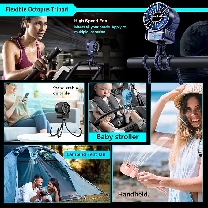 multifunctional USB rechargeable portable stroller small fan 4 speed 6600rpm high speed mini small handheld cooling fan extended flexible tripod for desktop wrap crib bike treadmill car kids gift