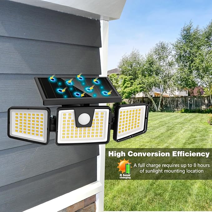 AmeriTop Solar Lights Outdoor, 2 Pack LED High Brightness Cordless Solar Motion Sensor Lights; 3 Adjustable Heads, 270° Wide Angle Illumination, IP65 Waterproof, Security LED Wall Light(Daylight)