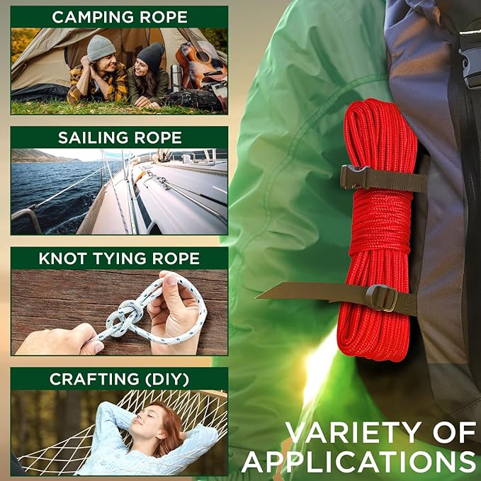 TECEUM Rope – 90 Feet x 3/8 Inch (10mm) – Red – Strong All-Purpose Utility Rope – Camping, Crafting, Flag Pole, Indoor & Outdoor – Polypropylene Nylon Poly Lightweight Diamond Braided Cord