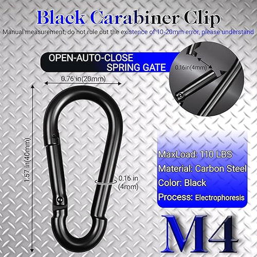 12 Pack 1.57" Heavy Duty Carabiner Clips, M4 Black Galvanized Steel Spring Snap Hooks, Rust-Resistant Keychain Clips for Hammock, Camping, Hiking, Fishing, Swing Set