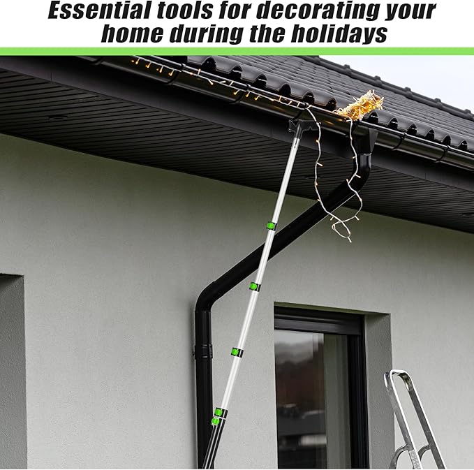 7-36 ft Telescopic Extension Pole with Utility Hook, Multi-Purpose Aluminum Pole for Painting, Dusting and New Year Window Cleaning Christmas Lights Installation Without a Ladder(Green)