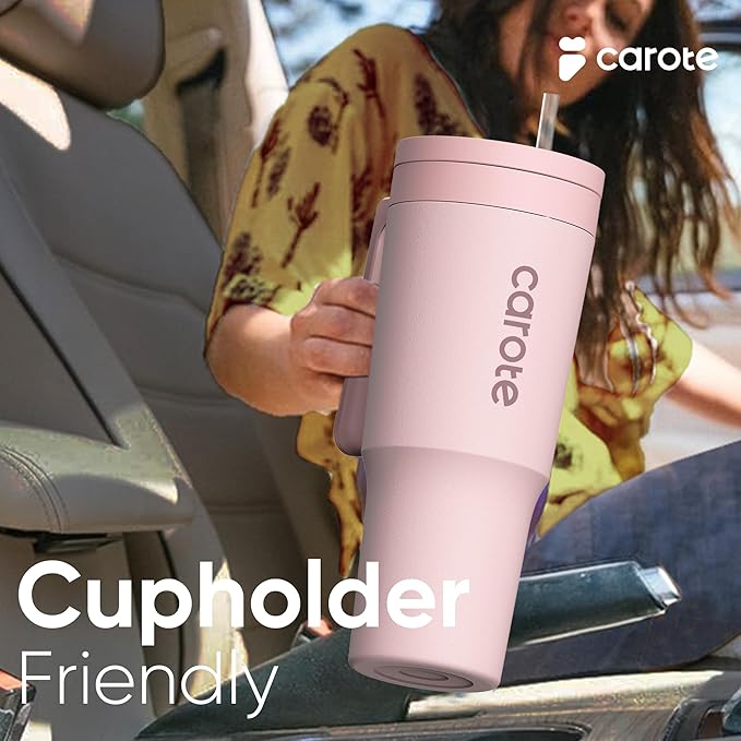 CAROTE 3-Pack Insulated Stainless Steel Water Bottles, Cup Holder Compatible for Travel, Upgraded Leak Proof, 32/32/40 oz Built-In Straw Tumblers Set for Daily Use/Outdoor (Peach)
