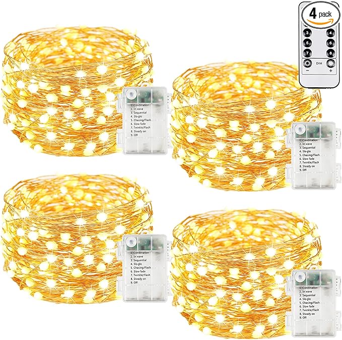 4Pack 240LED Christmas Fairy Lights Battery Operated with Remote, Waterproof String Lights with Timer for Indoor & Outdoor, Twinkle Lights Battery Power for Bedroom Christmas Decorations(Warm White)