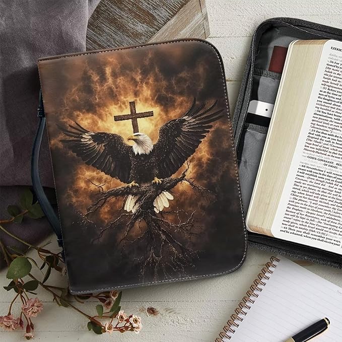 XL Bible Cover Case for Women Men Bald Eagle and Cross Print PU Leather Bible Case with Bookmark Church Bag Book Carrying Case Bible Cover for Women Men Bible Case for Men Women
