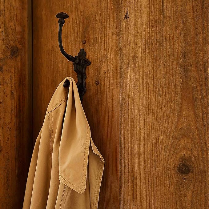 Mystic Colonial Rustic Cast Iron Wall Hooks – Heavy Duty Vintage Utility Hooks for Hanging Coats, Towels, Bags, Robes, Hats & More – Large Decorative Wall Mount Hanger, Pack of 10, Black