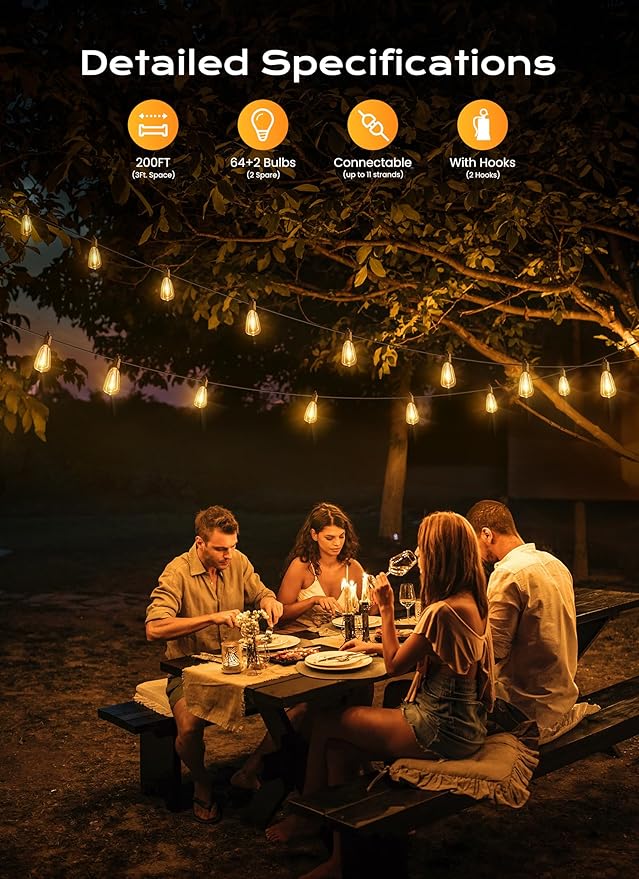 Brightown Outdoor String Lights, 200FT 64+2 LED ST38 LED Patio Lights Shatterproof, Dimmable IP65 Waterproof Connectable Hanging Outdoor Light for Backyard, Porch, Deck, Balcony