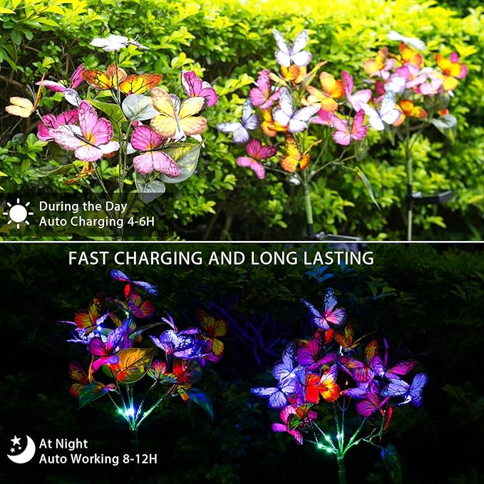 Adecorty Solar Garden Lights Outdoor Waterproof Decorative Solar Lights Outdoor 2 Pack with 44 LED 34 Butterfly Flower Garden Decor Yard Patio Lawn, Gifts for Mother's Day Mom Women