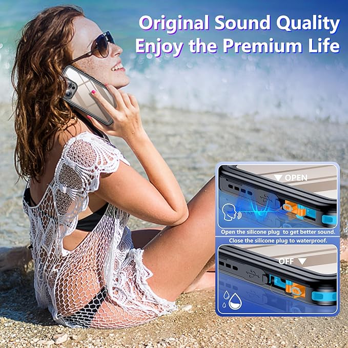 Temdan Compatible with iPhone 16 Pro Max Case Waterproof, Built-in Screen & Camera Protector IP68 Underwater Full Body 16FT Military Dropproof Shockproof Phone Case 6.9"-Blue/Clear