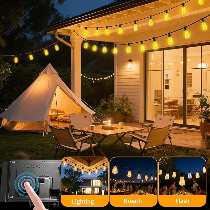 Outdoor Solar String Lights Waterproof: ST38 50ft Shatterproof Patio Lights - Solar Powered & USB Dual Charging - 3 Modes Button Control - Garden Backyard Gazebo Porch Party Decor