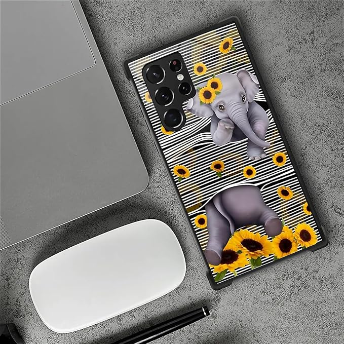 for Samsung Galaxy S22 Ultra Case, Cute Little Elephant Sunflower White Line Art Pattern Graphic Design Soft Silicone Hard Acrylic Shock Protection for Samsung Galaxy S22 Ultra