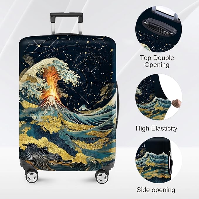 ANNA QUEEN Ocean Waves Travel Luggage Cover -Stretchable Airplane Suitcase Protector Sleeve,Universal Washable Fit for 20-26 Inch Checked Baggage,Water Resistant Durable Luggage Protector,M