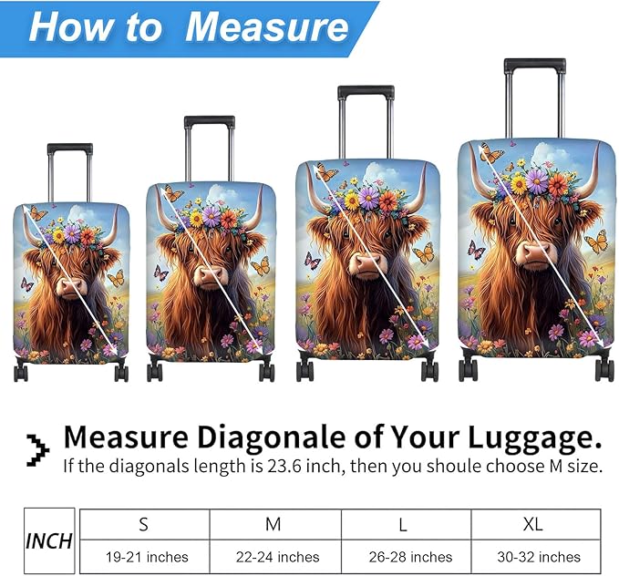 Luggage Cover Protector for 19-20 Inch Suitcases, TSA Approved Elastic Travel Suitcase Covers, Anti-Scratch Washable Luggage Sleeve for Carry On & Checked Bags, Cute Highland Cow