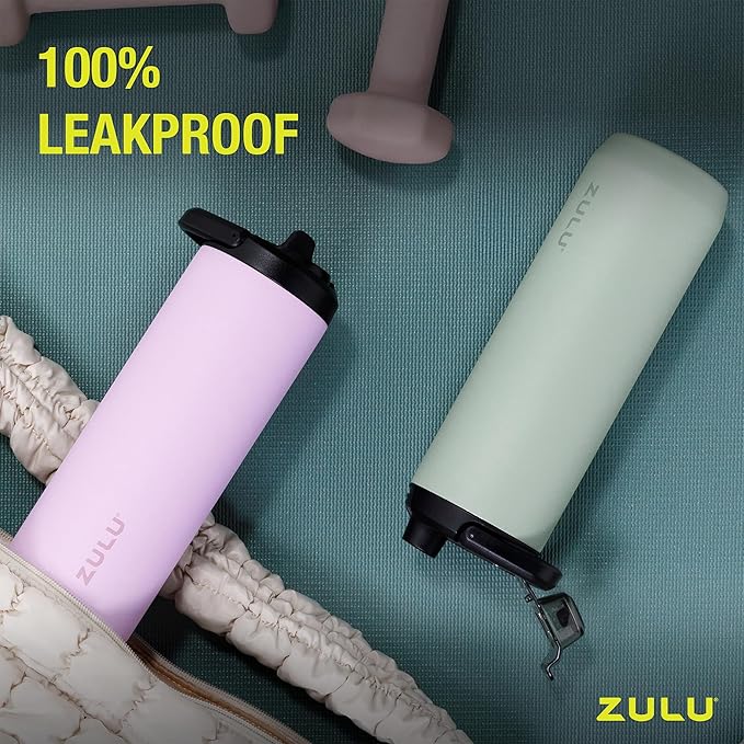 ZULU Base 32oz Stainless Steel Water Bottle with 3 Lids- Straw, Chug, Twist | Double Walled and Vacuum Insulated Metal Thermos | For Gym, Outdoor | Built in Carry Loop, Dishwasher Safe, Sage