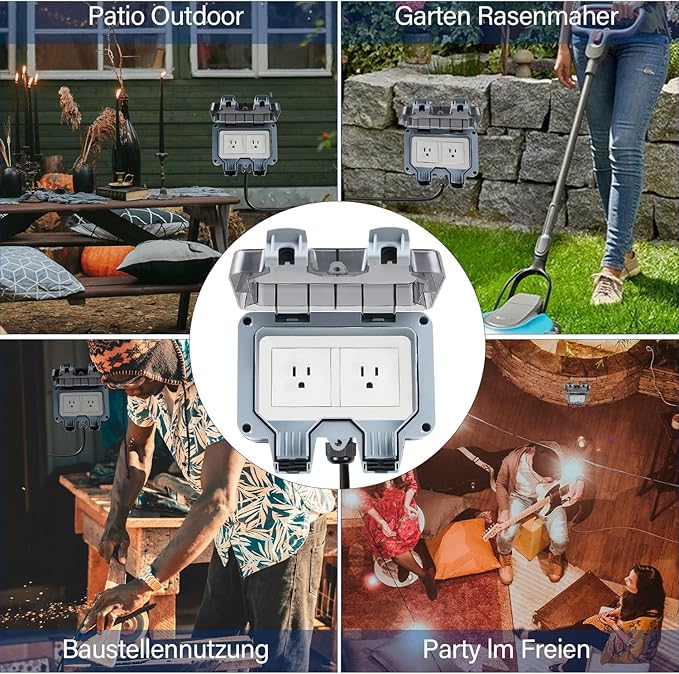Outdoor Power Outlet Box with 26.3Ft Extension Cord, NEMA 5-15R, STW 14 AWG, Weatherproof Waterproof IP66 Electrical Outlet Extender, Exterior Wall Power Socket w/Cover for Garden