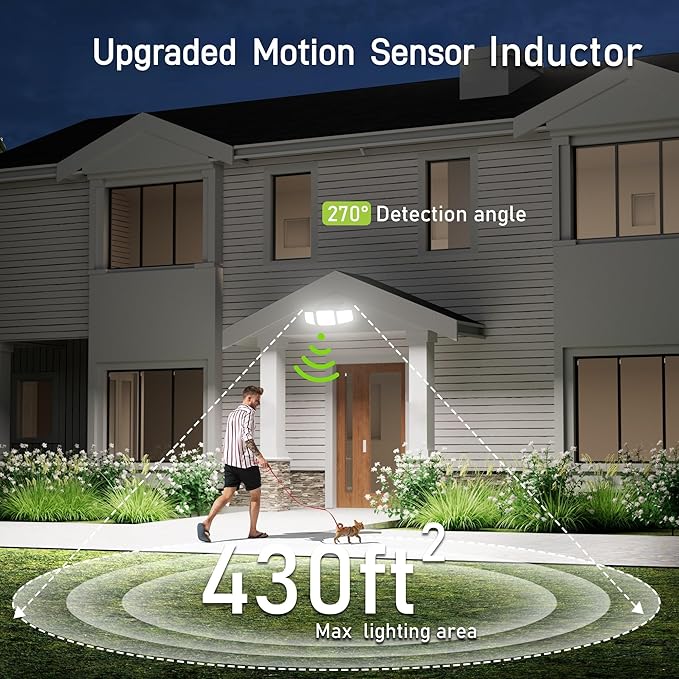 DAMINY Solar Security Light with Motion Sensor,Super Bright LED,Solar-Motion Lights Outdoor Waterproof,Easy Install,3 Heads 270°Wide Angle Flood Light with 3 Lighting Modes-1 Pack