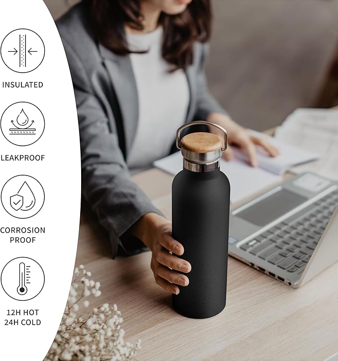 Bambaw 16 oz Stainless Steel Water Bottle, Metal Water Bottle Insulated, Easy to Clean & Carry, Great for Travel, School & Gym, Made of High-Grade Stainless Steel (Jet Black)