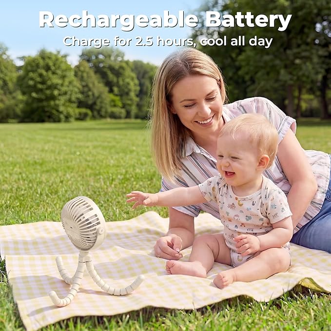 AMACOOL Battery Operated Stroller Fan, Baby Travel Essentials for Beach Disney, Newborn Boy & Girl Showers Gifts Registry Search, Rechargeable Clip On Fan for Car Seat Wagon Crib Bike Treadmill