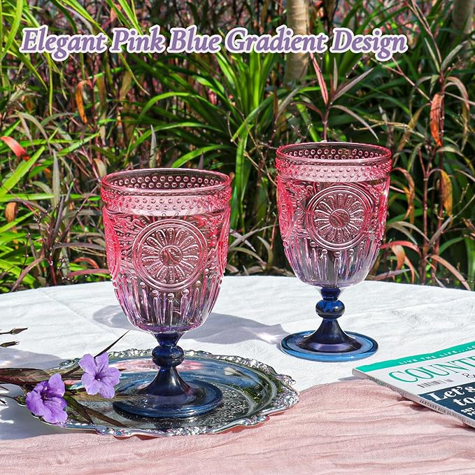 XUWAIDSGN 6Pcs Plastic Vintage Wine Glasses 13.5oz Reusable Embossed Goblet Glasses Pink Blue Gradient Retro Wine Glassware Unbreakable Stemmed Champagne Water Cups for Wine Cocktail Juice Wedding