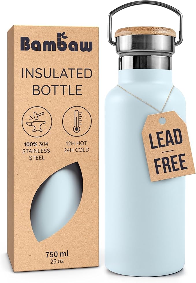 Bambaw Stainless Steel Water Bottle 24 oz, Metal Water Bottle Insulated, Lightweight & Reusable, Keeps Drinks Cold 24h & Hot 12h, Sleek & Elegant Design, Fits in Cup Holder (Ice Blue)