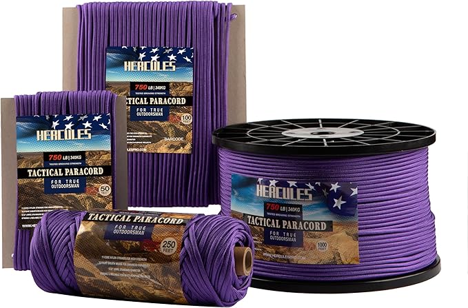 HERCULES 750lb Paracord 4mm 11 Strands Tactical Parachute Cord, 50' 100' 250' 1000' Utility Rope for Camping, Survival, Outdoor Gear (Purple, 50FT)