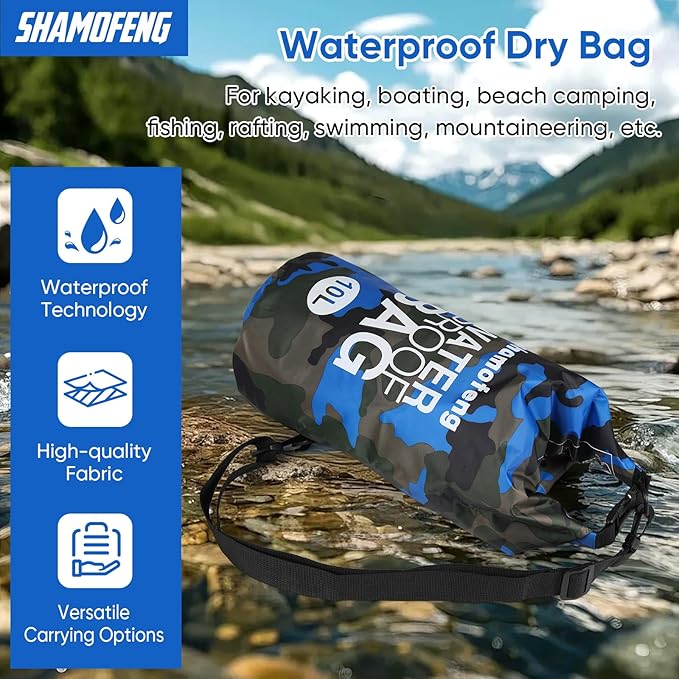 Waterproof Dry Bag 5L/10L/15L/20L/30L Roll Top Dry Storage Backpack with Phone Case, Collapsible Water Bottle, Sunglasses, Ear Band for Kayaking Boating Swimming Fishing Camping, Blue 15L