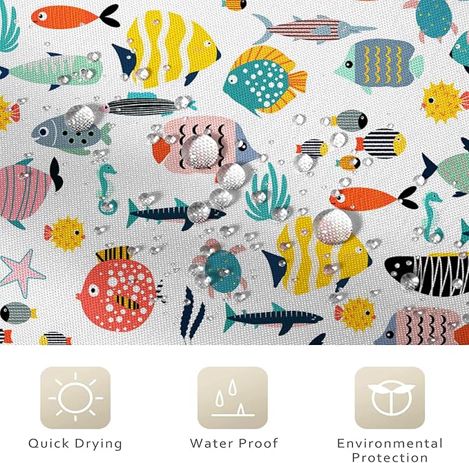 Kid Shower Curtain, Colorful Cartoon Tropical Fish Ocean Beach Theme Bath Curtain Waterproof Fabric Machine Washable with Hooks, 72" Wx84 L