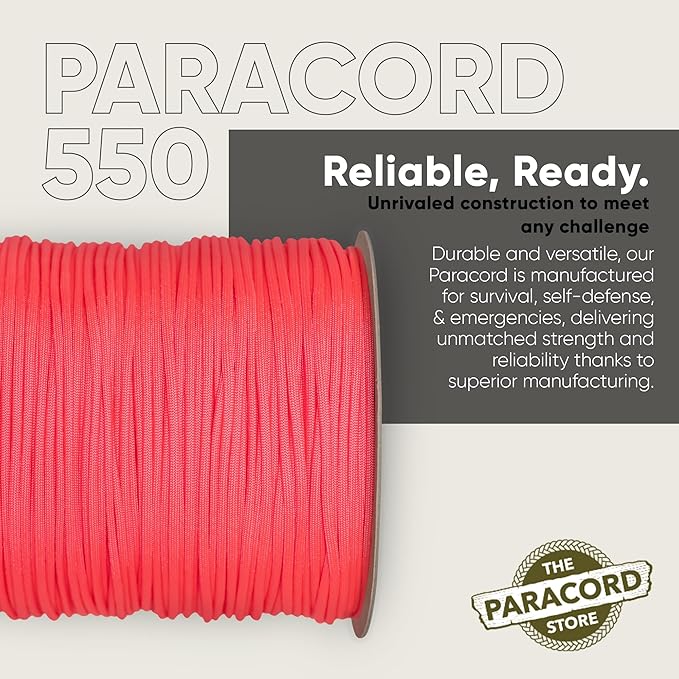 The Paracord Store | Type III 550 Paracord - 250 FT Spool, Salmon Pink | Heavy Duty 7 Strand Tactical Paracord - USA Made Nylon Outdoor Parachute Cord for Camping, Fishing & More - Survival Cord