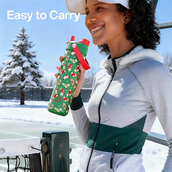 ENCOOL Christmas Insulated Water Bottle with Straw, Stainless Steel Water Bottle, Leak Proof BPA-Free, Keeps Cold for 24 Hours for Sports, Christmas Holiday Gifts for Women, 26 oz, Jolly Sock