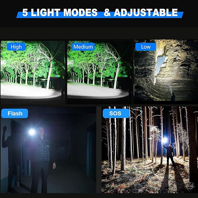 Rechargeable LED Flashlights 10000.00 High Lumens,𝟐𝟎𝟐𝟔 𝐍𝐞𝐰 High Powered Waterproof Tactical Flashlight Spotlight Flashlight for Home, Bright Flashlight Black for Outdoor Camping Emergency