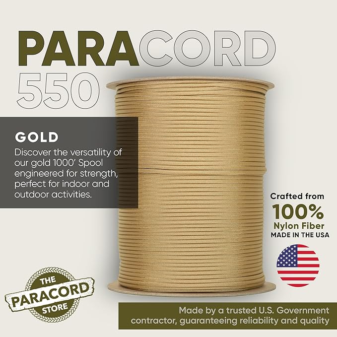 The Paracord Store | Type III 550 Paracord - 250 FT Spool, Gold | Heavy Duty 7 Strand Tactical Paracord - USA Made Nylon Outdoor Parachute Cord for Camping, Fishing & More - Survival Cord