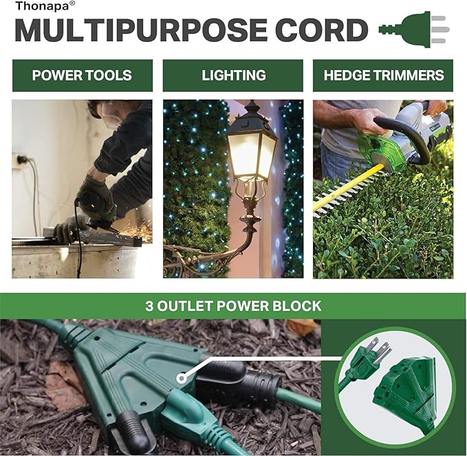 Thonapa2 Pack of 25 ft Green Extension Cord with 3 Outlets - 16/3 SJTW Weatherproof Outdoor Extension Cord with 3 Prong Multiple Outlets