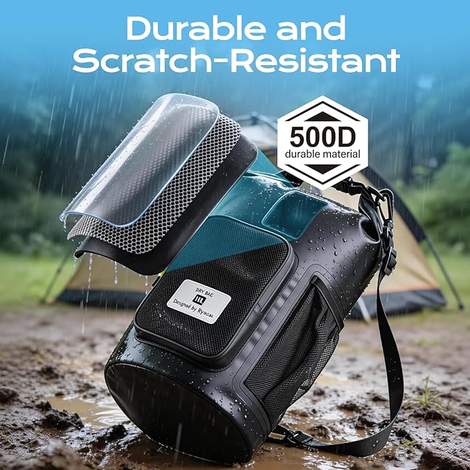 5L Waterproof Dry Bag with Bottle Holder & Mesh Pocket, 500D PVC Tarpaulin Roll Top Dry Sack with Inner Waterproof Adsorption Film, Lightweight Dry Bag for Kayaking, Beach, Boating, Fishing, Travel