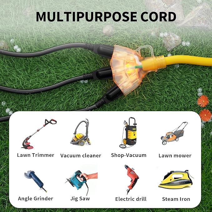 POWGRN 1 FT 2 Pack 12/3 Gauge Extension Cord with Multiple Outlets Outdoor, 3 Outlet Extension Cord Heavy Duty Yellow with Lighted, Tri-Tap Power Cable, 12AWG 15Amp 1875Watts 125Volts SJTW, ETL Listed