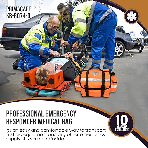 Primacare KB-RO74-O First Responder Trauma Bag, 17" x 9" x 7", Orange — EMT/EMS Medical Supply Organizer with Padded Dividers, Multiple Compartments, Side Pockets, Reflective Strip, Durable Design